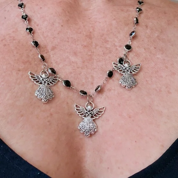 3-Piece Silver Necklace Set | Heart Cross Choker, Angel Beaded Necklace & chain - Picture 3 of 5